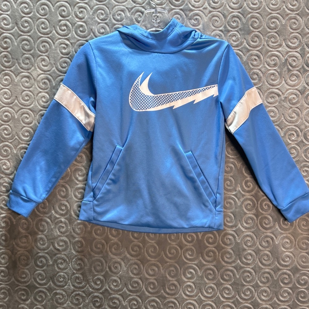 Nike Kids Youth Dri Fit Hoodie Blue White Swoosh Pullover‎ Size S